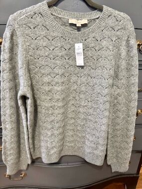LOFT Light Gray Open-Knit Crewneck Sweater